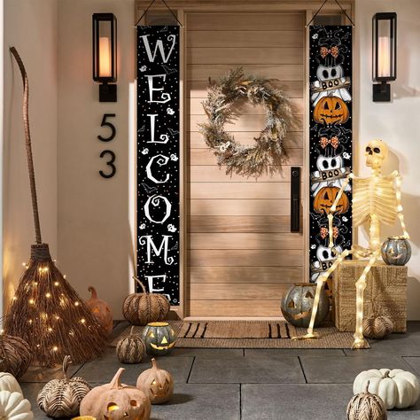 Front Porch Bats Halloween, Front Porch Decor Halloween, Welcome Sign Front Door Entrance, Simple Halloween Decor Outdoor, Fall Outside Decor Front Porches, Halloween Decorations Front Porch, Front Porch Halloween Decor, Backyard Lawn, Banner Flag