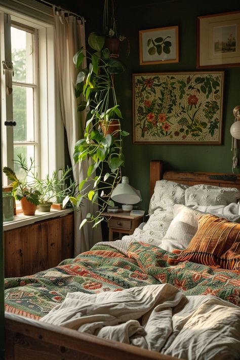 Cute Apartment Ideas Green, Whimsical Green Bedroom, Cute Cottagecore Bedroom, Cozy Bedroom Green Walls, Boho Antique Bedroom, Vintage Girly Room Aesthetic, Studio Ghibli Inspired Bedroom, Antique Inspired Bedrooms, Naturalistic Bedroom