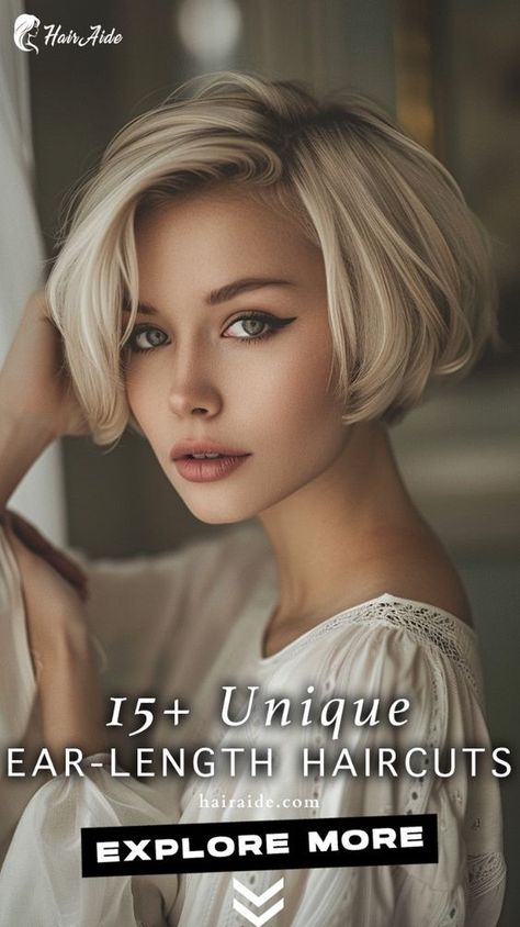 Looking for a low-maintenance hairstyle? Look no further than the classic ear-length haircut! Simple, yet stunning. 💇‍♀️💖 Classic Short Bob Haircut, Short One Length Bob Hairstyles, Classic Bobs Haircuts, Below The Ear Haircut For Women, Ear Length Bob Hairstyles, Ear Bob Haircut, Short Ear Length Hair, Short Hairstyle Women 2024, Ear Length Hairstyles