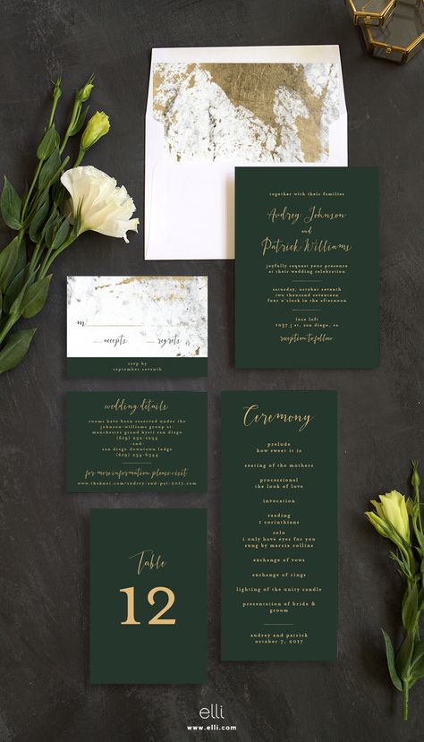 Marble and gold wedding invitation suite with stunning green touches! Wedding Dress Invitations, Woodland Wedding Invitations, Forest Wedding Invitations, Dark Green Wedding, Dress Invitations, Classy Wedding Invitations, Creative Wedding Invitations, Trendy Wedding Invitations, Green Wedding Invitations