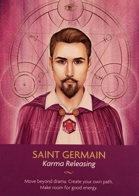 Daily Angel Oracle Card: Saint Germain, from the Keepers Of The Light Oracle Card deck, by Kyle Gray, artwork by Lily Moses Saint Germain: “Karma Releasing” “Move beyond drama. Cr… Keepers Of The Light Oracle Cards, Kyle Gray, Free Tarot Cards, Angel Oracle Cards, Angel Guide, Oracle Card Reading, Doreen Virtue, Ascended Masters, Cards Deck