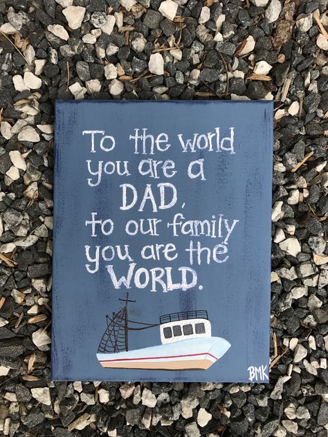 Happy Father's Day canvas to all the dads out there! Canvases ordered by @holly326 "to the world you are a dad, to our family to are the world" with a fishing boat & a green tractor💚 Fathers Day Canvas painting gift || Canvases for Christ BMK || Bethany Knecht Art #canvasesforchrist #bibleversecanvas #happyfathersday #dad #boat #boatpainting #tractor #tractorpainting #painting #art #canvases #fathersday Happy Fathers Day Canvas Ideas, Farther Days Card Quotes, Painting For Father Birthday, Canvas Painting For Father's Day, Father's Day Painting On Canvas, Dad Painting Ideas Canvas, Canvas Painting For Dads Birthday, Things To Paint For Father’s Day, Painting For Father's Day