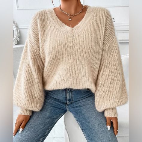 Shein Brand New Ribbed Knit Sweater. Smoke And Pet Free. Fits Like An Xl Baggy Jeans And Knitted Sweater, Fall Cute Sweaters, Cute Clothes For Fall, Oversized Cream Sweater Outfit, Women’s Sweaters, Beige Knit Sweater Outfit, Light Brown Sweater Outfit, Fall Outfits For Teens, Cozy Sweater Outfits