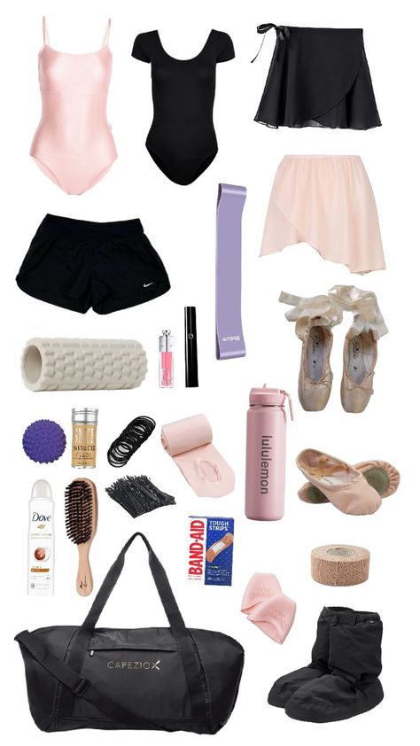 what's on my dance bag Dance Bag Essentials List, Ballet Must Haves, Ballet Bag Essentials, Dance Bag Essentials, Majorette Baton, Ballet Fits, Ballet Essentials, Ballet Basics, Dance Class Outfit