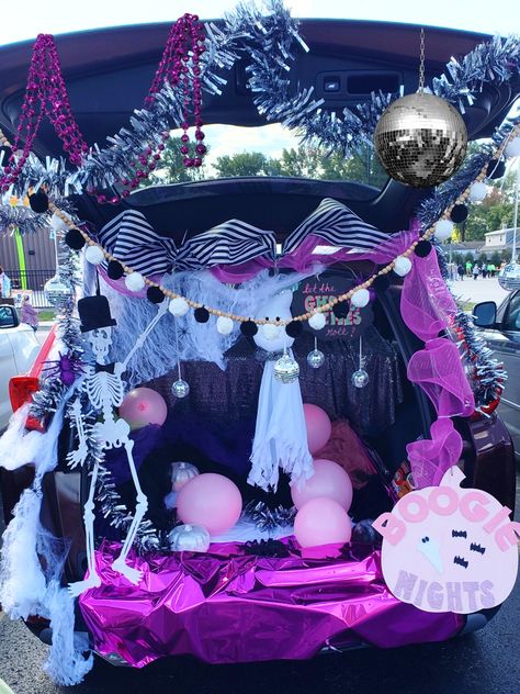 Disco Trunk Or Treat Ideas For Cars, Trunk Or Treat Girly, Disco Ball Trunk Or Treat, Pink Halloween Trunk Or Treat, Trunk Or Treat Disco Theme, Trunk Or Treat Hello Kitty, Monster High Trunk Or Treat, Pink Trunk Or Treat, Trunk Or Treat Barbie Theme