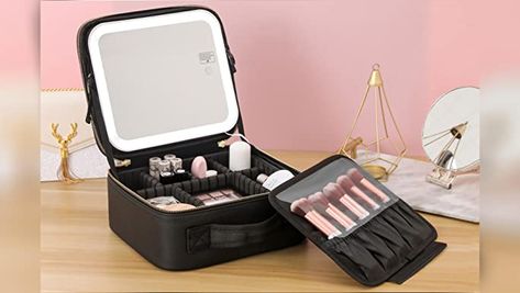 Makeup Bag with Mirror and Lights 3 Color Settings Makeup Train Case with Adjustable Dividers Waterproof Portable Large Cosmetic Bag Organizer & 10X Magnifying Mirror Gift for Women This large-capacity travel makeup case(10.2x8.7x4.4 inches) hard partitions and lined surface can be well fixed and protect the cosmetics inside. 6 detachable EVA sponge dividers,10 makeup brushes storage slots allow you DIY the layout to place nail polish, brushes and other cosmetics in your makeup case as needed. Makeup Brushes Storage, Travel Makeup Case, Cosmetic Bag Organization, Makeup Brush Storage, Makeup Train Case, Large Cosmetic Bag, Makeup Travel Case, Bag For Travel, Magnifying Mirror