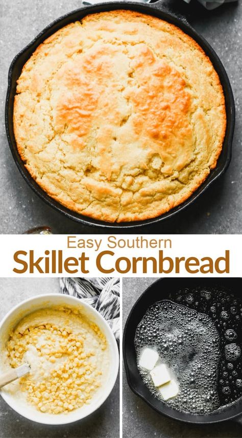 Cornmeal Cornbread, Skillet Cornbread Recipe, Creamed Corn Cornbread, Iron Skillet Cornbread, Fluffy Cornbread, Jiffy Cornbread Recipes, Cornmeal Recipes, Cornbread With Corn, Cornbread Recipe Sweet