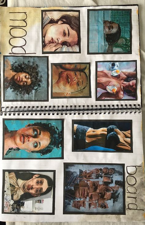 GCSE mood board consisting of many different artist Mood Boards Gcse Art, A Level Mood Boards Art, Portraiture Mood Board, Poppys Aesthetic, Gcse Art Mood Board, Art Portfolio Ideas College, Portraiture Sketchbook, Sculpture Dress, Gcse Sketchbook