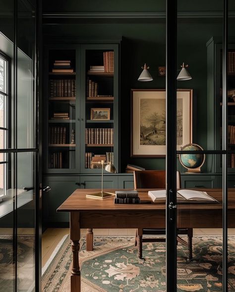 Dark Academia Office, Moody Office, Academia Office, Home Office Inspo, Moody Home, Basement Office, Home Office Library, Cozy Home Office, Office Remodel