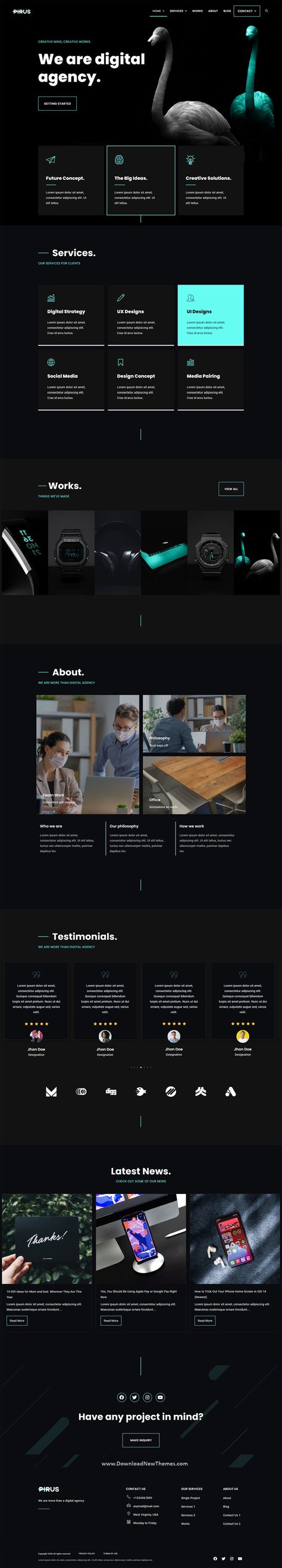 PIRUS Dark Digital Agency Elementor Template Kit is a clean, elegant and modern dark design responsive premium elementor template kit for digital agency, designers, freelancers, individuals or companies portfolio showcase professional website. It has 2 ⁬niche homepage layouts, 15+ pre-designed pages and sections can be imported into your website on WordPress in just a few clicks using the free page builder Elementor to download now & live preview click on image 👆 Creative Agency Website Design Layout, Freelance Website Inspiration, Cool Website Design Layout, It Website Design Inspiration, About Us Page Design Website, About Us Web Design, Investment Website Design, Homepage Design Layout, It Website Design