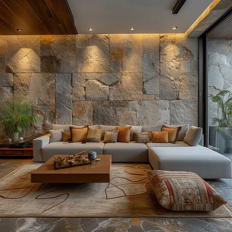 Accentuate Your Living Room with Premium Stone Wall Cladding • 333+ Images • [ArtFacade] Wall Tile Design For Living Room, Wall Of Stone Living Room, Wood Stone Interior Design, Long Wall Interior Design, Stone Cladding Living Room, Stone House Living Room, Living Room Designs Stone Wall, Tv Mounted On Stone Wall, Stone Wall Panels Interiors