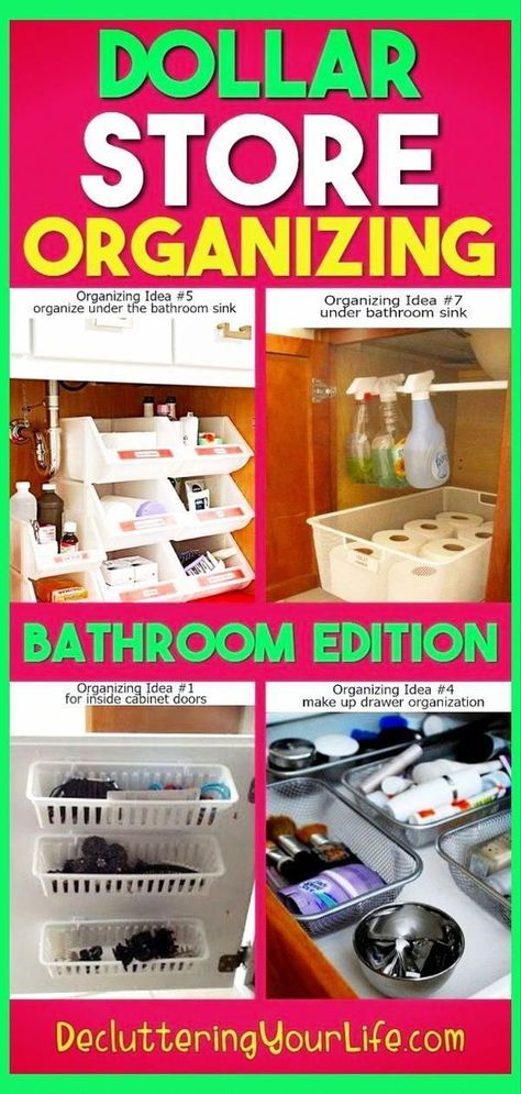 Dollar Store DIY Organization Bathroom Storage Solutions for Bathroom Clutter - Getting organized at home declutter and organize bathroom with Dollar Stores and Dollar Tree organizing ideas for all small spaces in your bathroom (under sink, vanities, cabinet doors, hair tools, drawers, cleaning supplies, shelves) Cheap bathroom organization ideas for clutter control made EASY! #bathroomstorage Small Bathroom Storage Diy, Organizing Bathroom, Under Bathroom Sink, Bathroom Organization Ideas, Bathroom Under Sink, Bathroom Organization Hacks, Dollar Tree Organization, Getting Organized At Home, Dollar Store Diy Organization