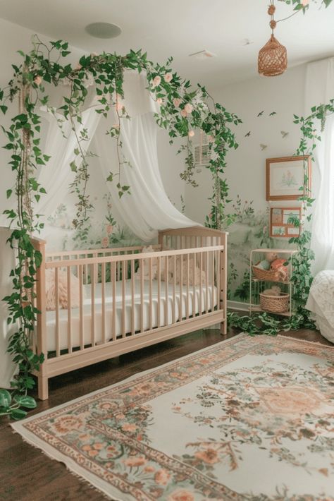 39  Whimsical Wildflower Nursery Ideas Vines In Nursery, Girl Nursery Theme Ideas, Whimsigoth Nursery, Fairy Forest Nursery, Fairy Baby Room, Plant Baby Nursery, Fairy Garden Nursery Theme, Cottagecore Baby Room, Fairy Themed Nursery