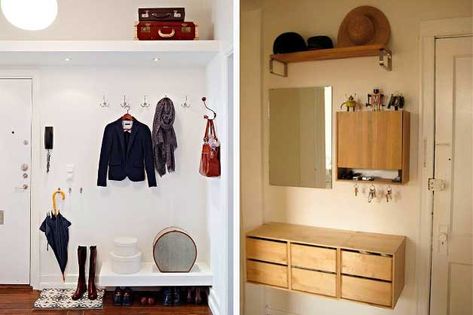 Entrance area – ideas for the small entryway | https://www.godownsize.com/entrance-area-ideas-small-apartment-entryway/ Small Apartment Entrance, Small Apartment Entryway, Storage Seating, Landing Zone, Small Space Hacks, Apartment Entrance, Compact Furniture, Apartment Entryway, Mudroom Entryway