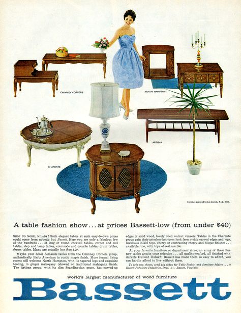 1960s Home Decor, 1960s Home, Round Cocktail Tables, Furniture Ads, Drum Table, Bassett Furniture, Walnut Table, Magazine Ad, Walnut Veneer