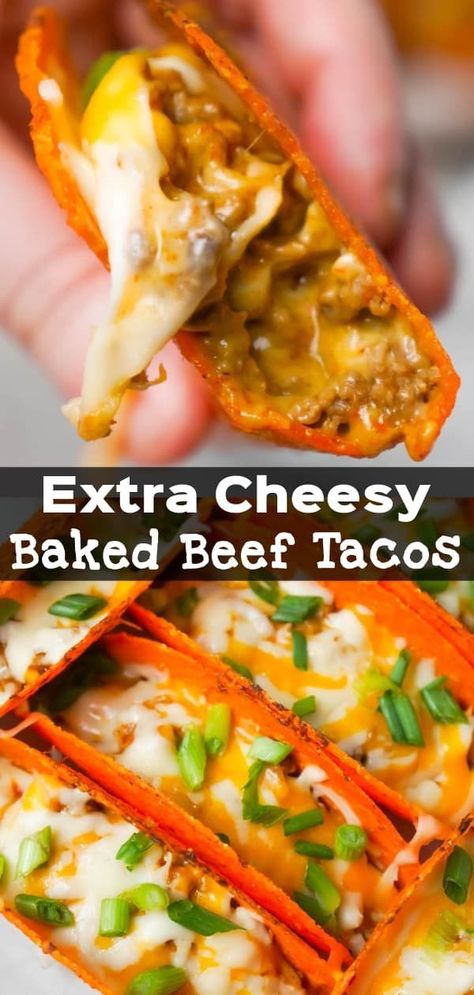 Extra Cheesy Baked Beef Tacos are an easy weeknight dinner recipe using ground beef, salsa con queso cheese dip, shredded mozzarella and cheddar and nacho cheese flavoured stand and stuff taco shells. Baked Beef Tacos, Recipe Using Ground Beef, Baked Taco Shells, Recipes Using Hamburger, Tasty Tacos Recipe, Queso Cheese Dip, Oven Baked Tacos, Recipes Using Ground Beef, Southwest Recipes