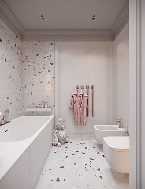 lighting on Behance Kids Bathroom Design, Terrazzo Bathroom, Girl Bathrooms, Childrens Bathroom, Sunken Living Room, Baby Bathroom, Bathroom Organization Diy, Bad Inspiration, Toilet Design