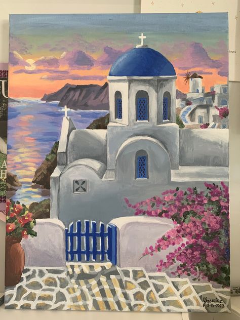 Greece Art Paintings, Drawings On Canvas, Greece Painting Easy, Painting Ideas On Canvas Greece, Santorini Painting, Santorini Greece Drawing, Greece Watercolor Painting Easy, Santorini Painting Acrylic, Santorini Canvas Painting