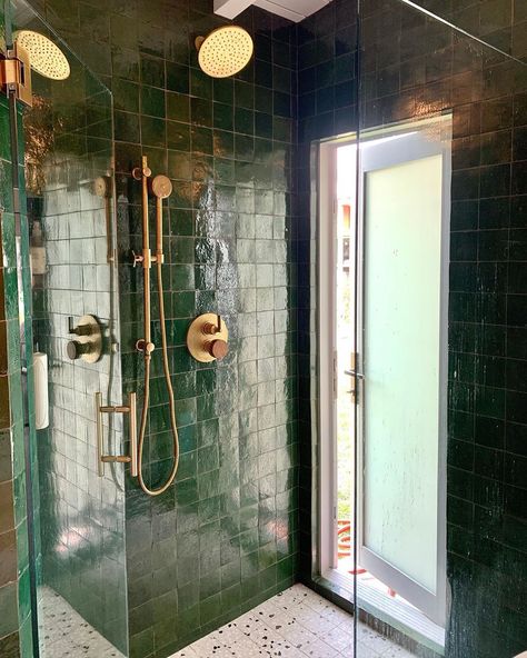 Green Tile Bathroom Gold Fixtures, Jade Subway Tile Bathroom, Emerald Tile Shower Ideas, Emerald Green Tile Shower Ideas, Emerald Shower Tile, Staggered Vertical Tile, Staggered Vertical Subway Tile, Green Walk In Shower Tile, Emerald Green Shower Tile