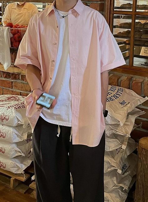 Pink Aesthetic Outfits Men, Pink Button Up Shirt Outfit Men, Coquette Boy Outfit, Pink Button Up Shirt Outfit, Pastel Outfit Men, Gary Prince, Coquette Men, Black Pants White Shirt, Soft Boy Aesthetic Outfits