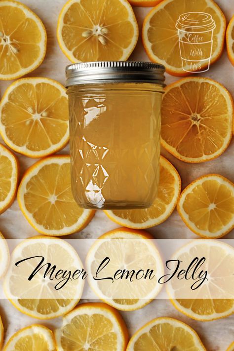 All the delightful taste of Meyer lemons is bottled up in this Meyer Lemon Jelly recipe.  Serve it on toast, or eat it with a spoon-- either way it's delightful! Lemon Lavender Jelly, Lemon Drop Jelly Recipe, Lemon Jam Recipe Canning, Meyer Lemon Marmalade Recipe, Canning Lemons, Lemon Snacks, Lemon Jam Recipe, Lemon Jelly Recipe, Pumpkin Jelly