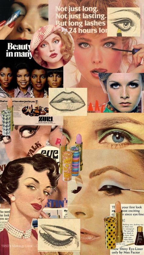 Vintage Makeup Magazine, Makeup Backgrounds Aesthetic, Make Up Mood Board, Makeup Collage Aesthetic, Mood Board Makeup, 90s Aesthetic Makeup, Morticia Makeup, Makeup Scrapbook, Vintage Beauty Ads