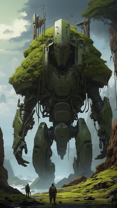 There is a giant robot that is standing in the grass Giant Robot Fantasy Art, Giant Robot Concept Art, Futuristic Forest, Giant Mech, Mecha Art, Idea Story, Big Monster, Battle Robots, Robot Monster