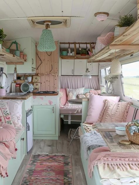 Pink Camper Interior, Boho Camper Remodel, Cottage Camper, Shabby Chic Caravan, Camper Design Ideas, Shabby Chic Campers, Sprinter Van Interior, Trillium Trailer, Hippie Camper