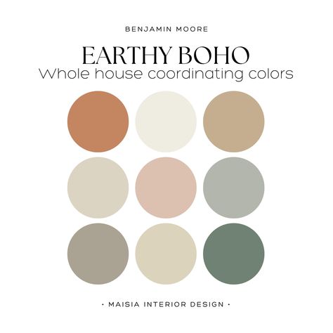 Craft a versatile whole house paint palette with Benjamin Moore's Color Palette, offering the best EARTHY boho color palette for creating a cohesive paint color scheme throughout your home, ideal for capturing the essence of boho living with this boho paint palette idea. These colors have been hand selected by me to create a cohesive Paint Color Scheme that work perfectly together and will give your home a designer touch. Benjamin Moore offers an extensive range of paint colors, each with its di Color Palette Small Spaces, What Color Should I Paint My House, Zen Room Colors Colour Palettes, Bohemian Paint Colors Bedroom, Boho Bedroom Color Pallet, Best Earthy Paint Colors, Boho Modern Paint Colors, Earthy Boho Colour Palette, Industrial Boho Color Palette