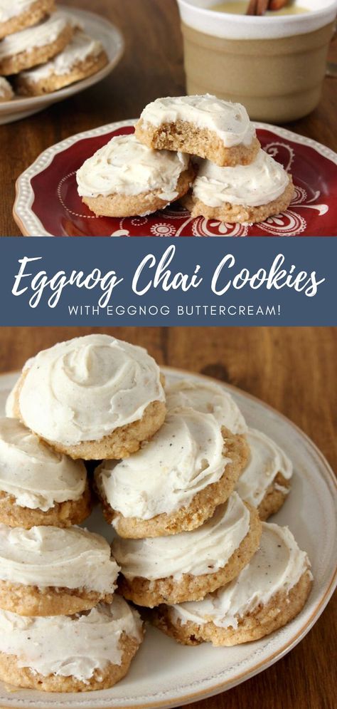 Eggnog chai cookies on a round sand-colored plate. Chai Eggnog Cookies, Eggnog Baked Goods, Buttercream Frosting Cookies, Eggnog Buttercream, Egg Nog Cookies Recipe, Frosting Cookies, Chai Cookies, Eggnog Dessert, Eggnog Recipes