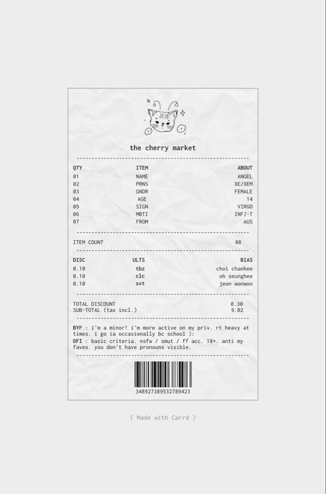 Carrd Inspo Template Website, Aesthetic Carrd Templates, Aesthetic Receipt Template, Receipt Design Aesthetic, Aesthetic Carrd Themes, Carrds Inspo Aesthetic, Receipt Template Aesthetic, Receipt Design Ideas, Cute Receipt Template