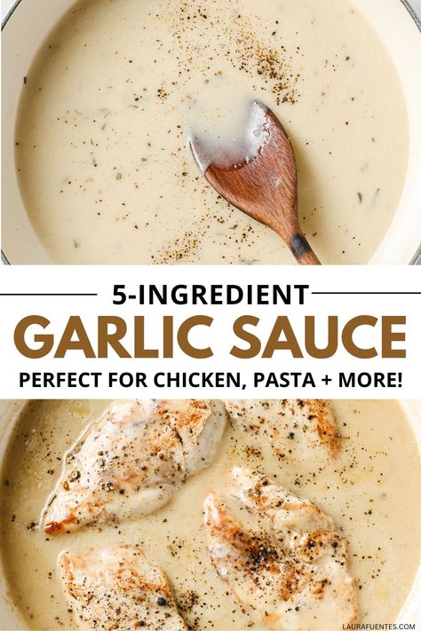 You're going to love the easy of this creamy garlic sauce! It's a simple topping for chicken, pasta, and more! Garlic Aioli Pasta Sauce, Roasted Garlic Sauce For Chicken, Garlic Herb Sauce Pasta, Easy Garlic Sauce Recipe, Garlic Parm Sauce Pasta, Easy Chicken Sauce Recipes Simple, Creamy Aglio E Olio Chicken Pasta, Easy Creamy Garlic Sauce, White Italian Sauce Recipes