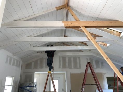 Beams Painted White, White Beams Ceiling, Vaulted Ceiling Beams, Drop Ceilings, Painted Beams, Exposed Trusses, Exposed Beams Ceiling, Vaulted Ceiling Living Room, Exposed Ceilings