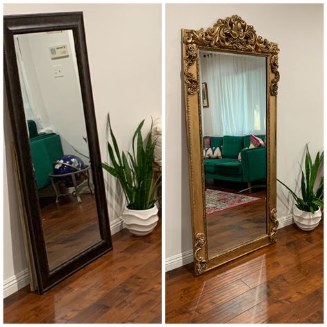 I took an old, boring floor length mirror and turned it into a gold ornate mirror for under $90 using wood onlays and antique gold Rub N’ Buff. Mirrors Diy, French Baroque, Floor Length Mirror, Baroque Decor, Makeup Room Decor, Ornate Mirror, Length Mirror, Makeup Room, Large Mirror