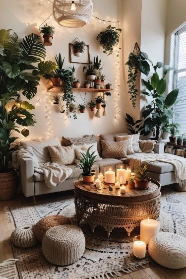 Living Room Corner Space Ideas, Cozy Budget Living Room, Small Rental Home Decorating, Nature Tone Living Room, Boho Sunroom Decor, Cozy Living Room On A Budget, Flower Apartment Decor, Bohemian Corner Decor, Funky Decor Ideas