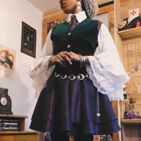 a (somewhat) casual outfit + some cool thrifting finds ☾─ • ☾─ • ☾─ • ☾─ • ☾─ • ☾─ • #nonbinary #darkacademia #witch #witchy #whimsigoth #whimsical #softgoth #slytherin #casualfantasy #outfit #ootd #fashion #personalstyle Whimsical Academia Outfits, Cosmic Goth Outfits, Witch Aesthetic Fashion Outfit, Tarot Outfit, Witch Clothes Aesthetic, Cute Witchy Outfits, Whimsigoth Aesthetic Fashion, Whimsigoth Winter Outfits, Witch Aesthetic Clothes