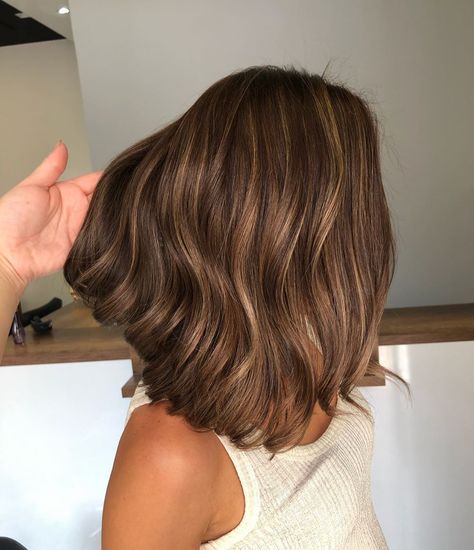 Megi & Vali Haxhiu on Instagram: “Latte Macchiato x Caramel ✨…” Short Hair And Highlights Brunettes, Caramel Macchiato Hair Highlights, Hair Inspiration Color Short, Brown Hair With Caramel Highlights Bob, Caramel Mid Length Hair, Short Caramel Highlights, Carmel Highlights On Brown Hair Bob, Brunette Hair Short Highlights, Balayage Hair Short Brown