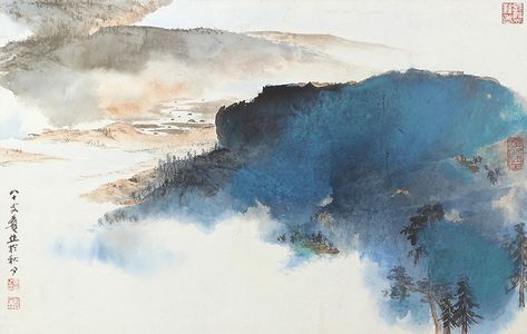 Zhang Daqian, Painting Styles, Chinese Art Painting, Chinese Landscape, He Left, Blue Painting, Autumn Landscape, Fashion Painting, Sumi E