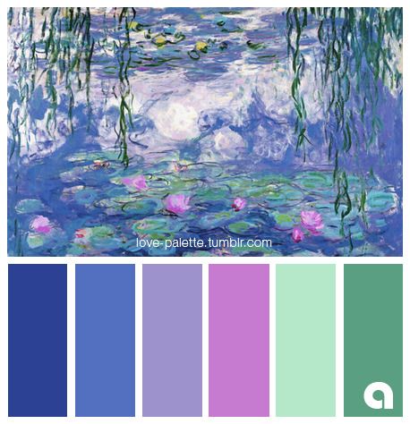 Claude Monet - Water Lilies Claude Monet Colour Palette, Claude Monet Moodboard, Claude Monet Water Lilies Painting, Monet Inspired Bedroom, Waterlily Monet, Monet Palette, Monet Bedroom, Monet Decor, Water Colour Palette