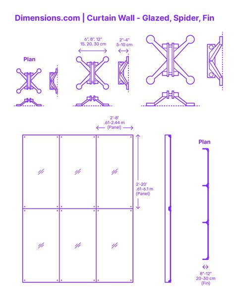 A spider fin glazed curtain wall is a sophisticated façade system that marries aesthetics with engineering prowess. At its core, the system utilizes spider fittings, sleek point-fixed connectors, to anchor large glass panes. Instead of traditional mullions, vertical glass fins provide the necessary structural support. Downloads online #facade #windows #curtainwall #construction #buildings #walls Glass Wall Design Exterior Building, Spider Curtain Wall Detail, Spider System Curtain Wall, Wall Details Architecture, Glass Facade Detail, Glass Facade Design, Curtain Wall Design, Bubble Diagram Architecture, Glass Wall Design