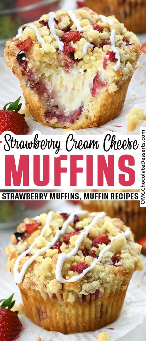 Strawberry Cream Cheese Muffins with Streusel Crumb Topping are moist and flavorful breakfast muffins, and they burst with strawberries in every single bite. #strawberry #muffins Strawberry Cream Cheese Muffins, Muffins With Streusel Topping, Strawberry Muffins, Cream Cheese Muffins, Berry Recipes, Homemade Muffins, Cheese Muffins, Breakfast Meals, Strawberry Cream Cheese