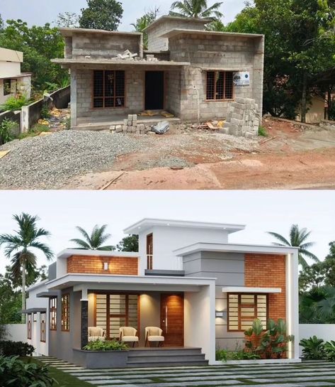 Small House Design Exterior Bungalows, Modern Front Elevation Design, Elevation Exterior Design, Indian House Exterior Design, Indian House Design, Small House Blueprints, Small House Exteriors, 2bhk House Plan, Indian House