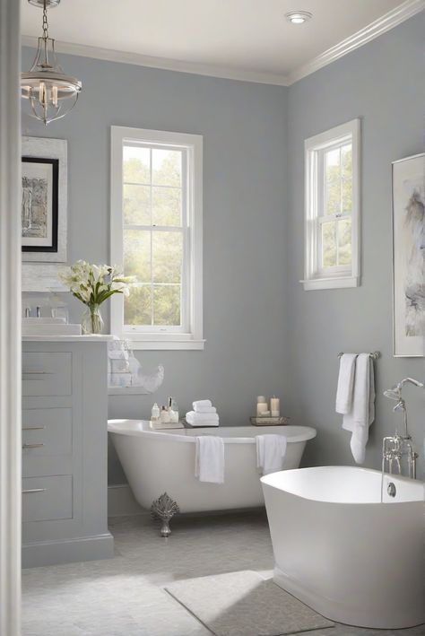 Step into a professionally painted bathroom featuring the timeless beauty of BM Horizon Gray (2141-50) and discover the ultimate interior designer routine for daily inspiration! #Ad #homedecor #homedesign #bathroom #Painthome interiorarchitecture best Wall Colors for Bathroom Colors Bright Room Colors best colors combinations bathroom bathroom Remodeling Modern Paint Colors 2024 Add Color To White Bathroom, Sherwin Williams Stardew Bathroom, Paint Sheen For Bathroom, Bathroom Wall Colors 2024, Best Paint For Bathroom Walls, Master Bath Paint Colors, Farrow And Ball Bathroom, Popular Bathroom Paint Colors, Bathroom Paint Colors Benjamin Moore