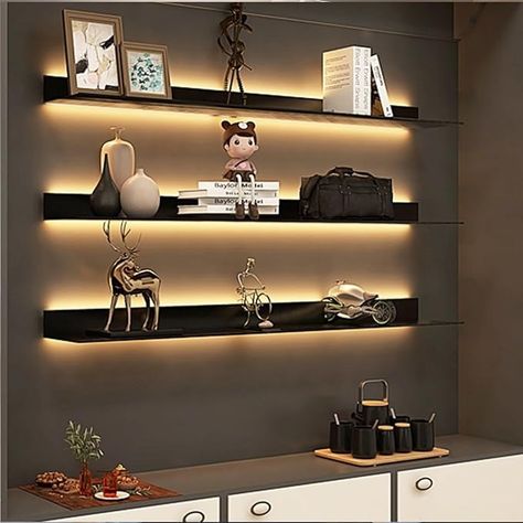 Amazon.com: Wall Mounted Light-Emitting Shelves, Storage Shelf Floating Display Shelf LED Light Up Can Hold A Lot of Things Objects are Not Easy to Fall (Color : Black, Size : 60x23x7.5cm) : Home & Kitchen Led Lights In Shelves, Led Lights On Shelves, Light Up Shelf, Lights Under Floating Shelves, Floating Shelf Lighting, Shelving With Lights, Spa Shelves, Lit Shelves, Shelves With Lights