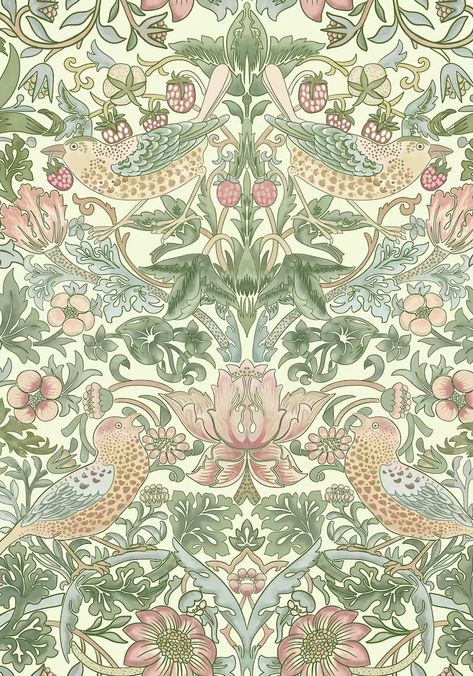 Peel & Stick Wallpaper William Morris Strawberry Thief - Etsy Wallpaper William Morris, Green Color Theme, Arts And Crafts Wallpaper, William Morris Strawberry Thief, William Morris Wallpaper, Different Types Of Painting, William Morris Patterns, Morris Wallpapers, Classic Wallpaper