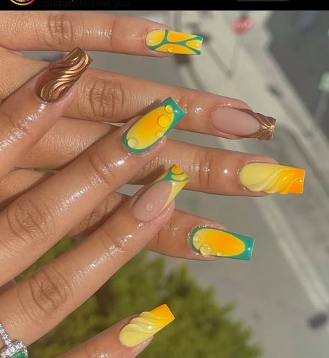 Green And Yellow Nails, Hot Nail Ideas, Nails For Baddies, Cutest Nails, Mix Match Nails, Nail Suggestions, Freestyle Nails, Green Acrylic Nails, Gel X Nails