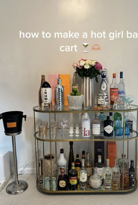 Apartment Mini Bar Ideas, Mini Bar At Home Aesthetic, Mini Bar Bedroom, Alcohol Organization Ideas, Mini Bar Aesthetic, Bar Cart Set Up, Cute College Apartment Ideas, Bar Cart Apartment, Bar Area In Home