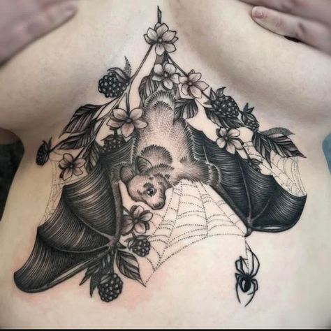 Bat Tattoo Underbust, Bat Underbust Tattoo, Bat Sternum Tattoo Women, Sternum Tattoo Large, Bat Tattoo Sternum, Bat Chest Tattoo Female, Sternum Bat Tattoo, Plus Size Sternum Tattoo, Gothic Underboob Tattoo