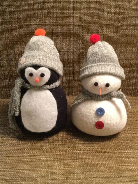 Sock Penguin and Snowman Penguin Sock Craft, Snowman Sock Craft, Diy Penguin Crafts, Sock Penguin, Lightbulb Ornaments, Easy Christmas Crafts For Kids, Sock Snowman Craft, Diy Snowman Ornaments, Cork Christmas Trees