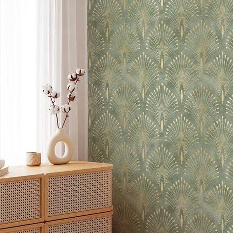 CostaCover Green Gold Art Deco Self Adhesive Wallpaper - Removable Luxury Wall Decor - Peel and Stick Wall Mural - Vintage Print - Amazon.com Gold Art Deco Wallpaper, Arte Wallcovering, Tapete Gold, Look Wallpaper, Green Art Deco, Deco Wallpaper, How To Install Wallpaper, Inspire Me Home Decor, Art Deco Wallpaper